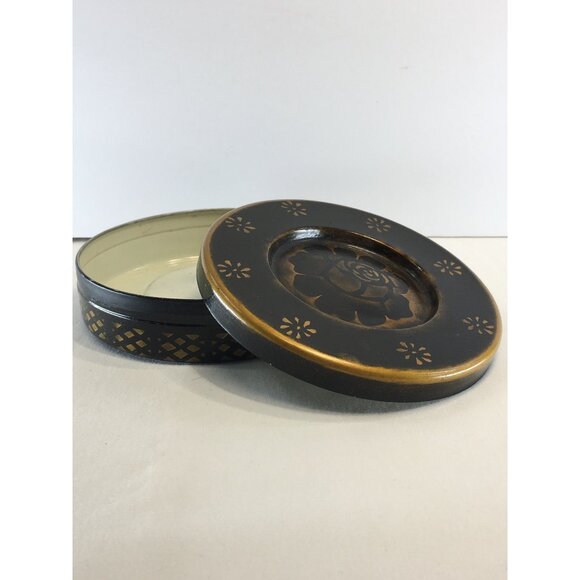 Vintage Japanese Lacquer Jewelry Trinket Box Black Gold Round Lidded 5.5'' - Picture 5 of 11